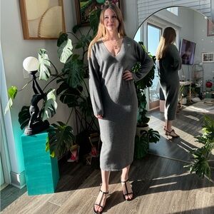 ENZA COSTA Grey V Neck Wool Cashmere Midi Sweater Dress Small